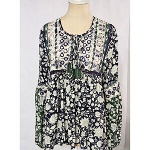 Miss June Paris Blue Navy Floral Embroidered Long-sleeve Blouse Free Size